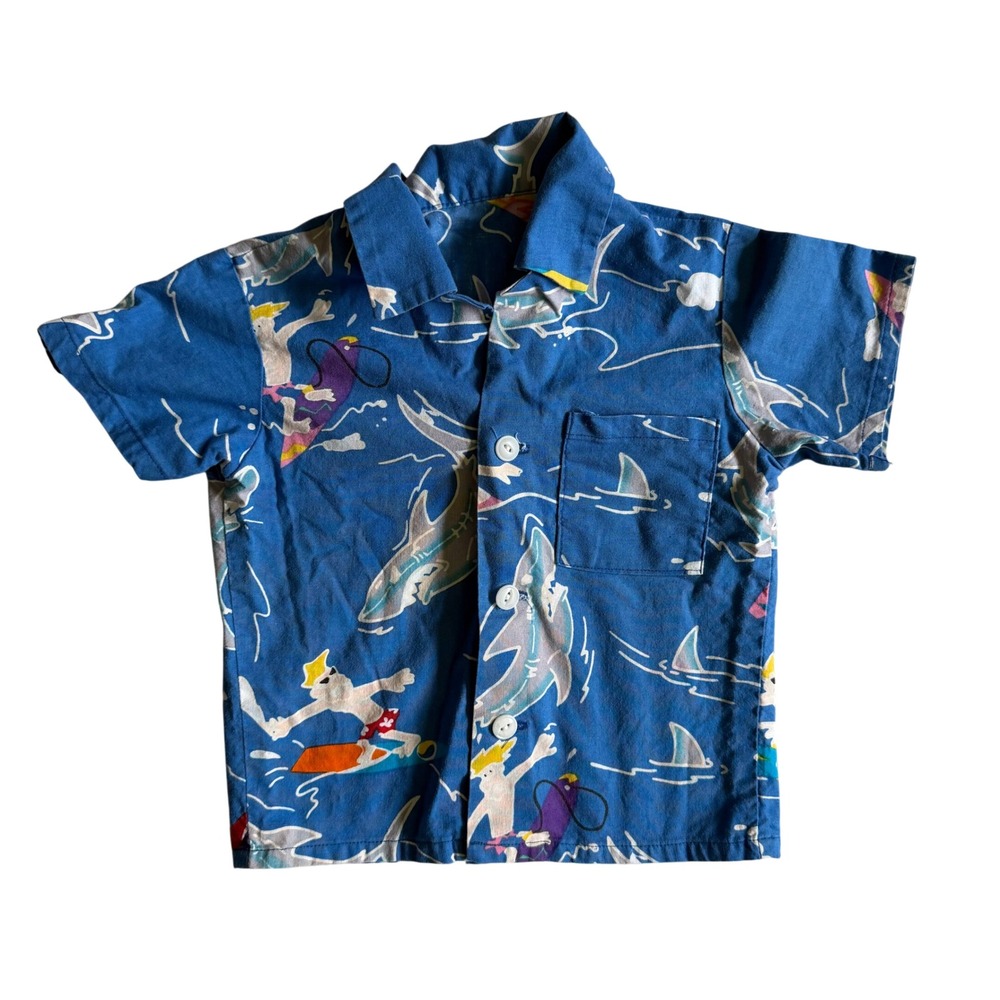 Unbranded Surf Retro Coastal Kids Button Down  Shark Shirt Blue Cotton